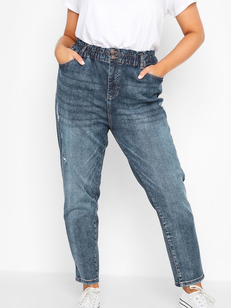 Yours Curve Blue Elasticated Mom Jeans - Image 1 of 4