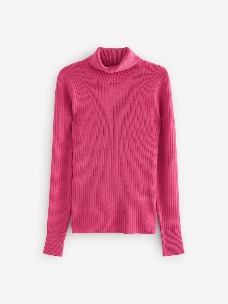 Pink Bright High Roll Neck Rib Knitted Jumper with Wool - Image 4 of 5