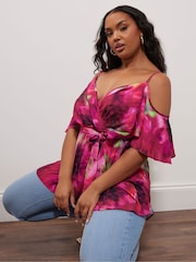 Yours Curve Pink YOURS LONDON Curve Navy Blue Floral Print Cold Shoulder Top - Image 4 of 5