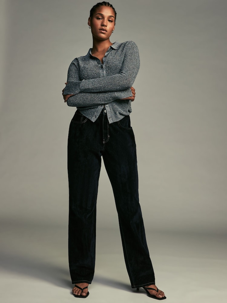 Navy Velvet Flocked Hourglass Rigid Straight Leg 100% Cotton Jeans - Image 2 of 6