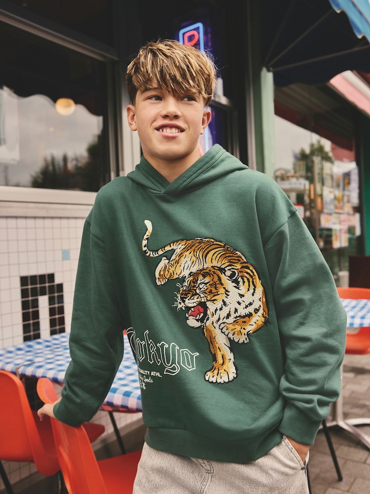 Green 100% Cotton Tokyo Embroidered Tiger Hoodie (3-16yrs) - Image 2 of 9