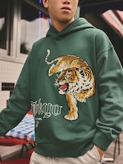Green 100% Cotton Tokyo Embroidered Tiger Hoodie (3-16yrs) - Image 3 of 9