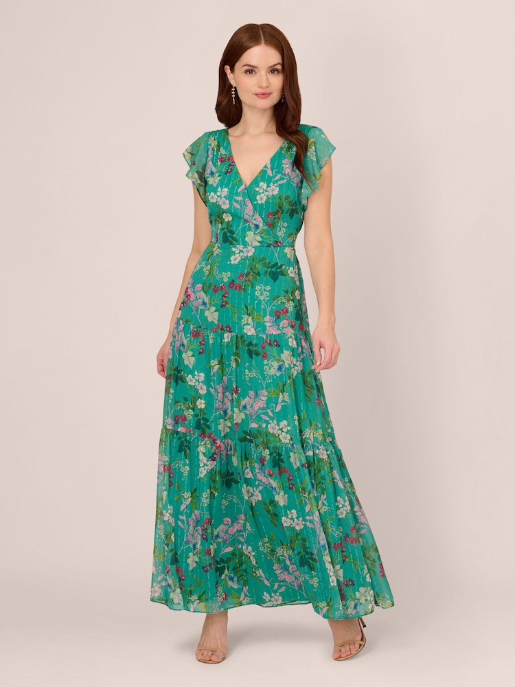Adrianna Papell Grünes bedrucktes Etagen-Maxikleid​​​​​​​ - Bild 1 von 7