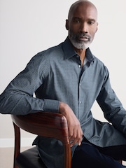 Navy Blue Geometric Slim Fit Signature Single Cuff 100% Cotton Formal Shirt - Image 3 of 7