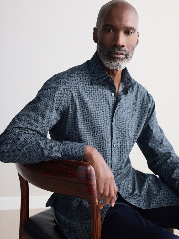 Navy Blue Geometric Slim Fit Signature Single Cuff 100% Cotton Formal Shirt - Image 3 of 7