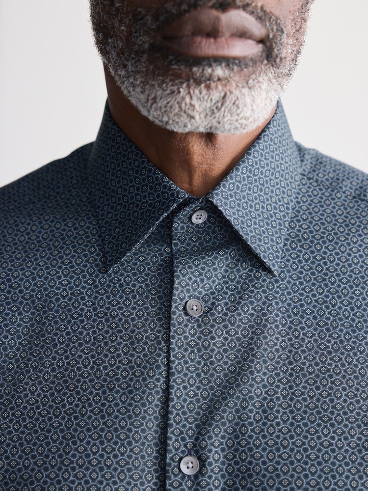 Navy Blue Geometric Slim Fit Signature Single Cuff 100% Cotton Formal Shirt - Image 4 of 7