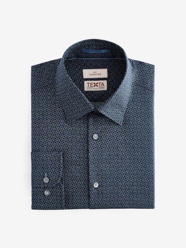 Navy Blue Geometric Slim Fit Signature Single Cuff 100% Cotton Formal Shirt - Image 5 of 7