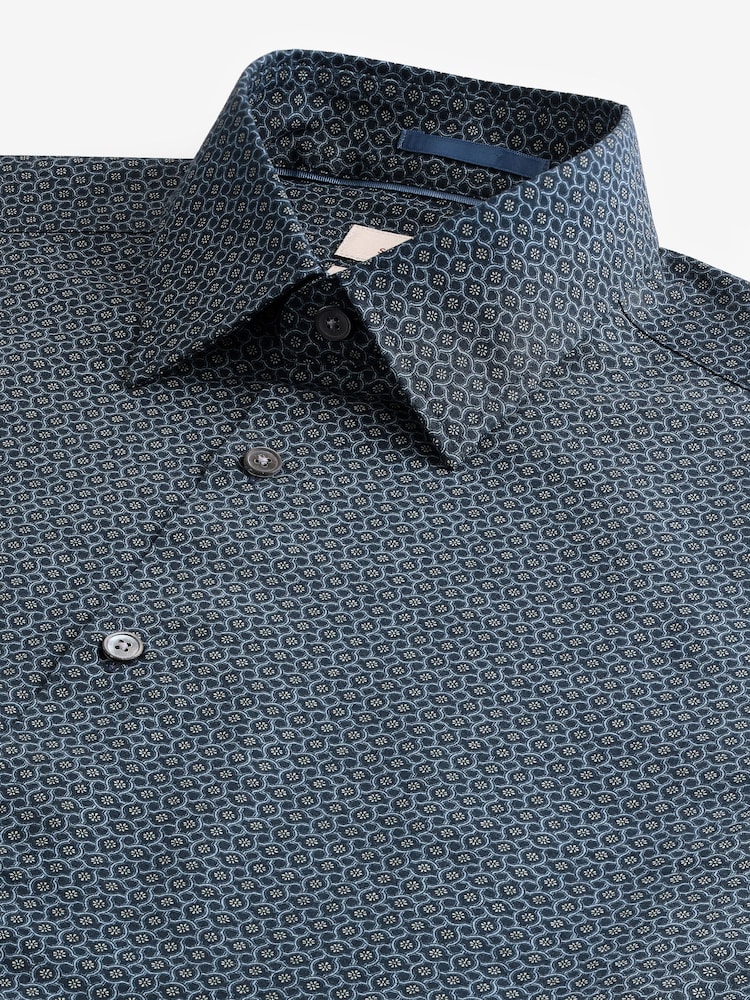 Navy Blue Geometric Slim Fit Signature Single Cuff 100% Cotton Formal Shirt - Image 6 of 7