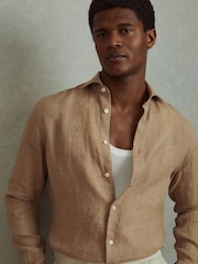 Reiss Camel Ruban Linen Button-Through Shirt - Image 1 of 5