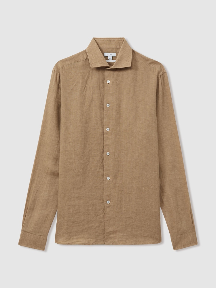 Reiss Camel Ruban Linen Button-Through Shirt - Image 2 of 5