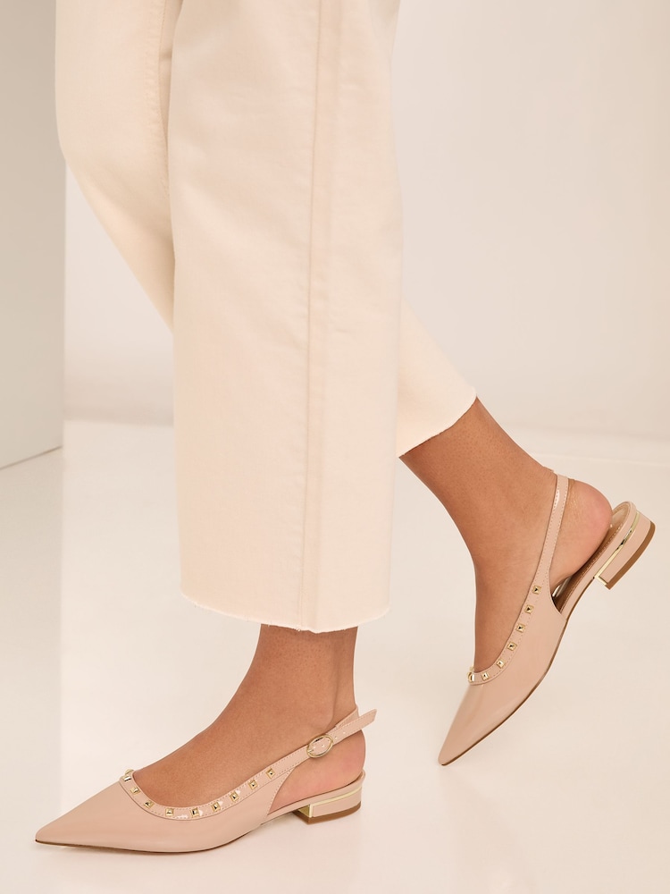 Lipsy Nude Pink Patent Flat Stud Point Faux Leather Slingback Ballerina - Image 2 of 4