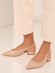 Lipsy Nude Pink Patent Flat Stud Point Faux Leather Slingback Ballerina - Image 4 of 4