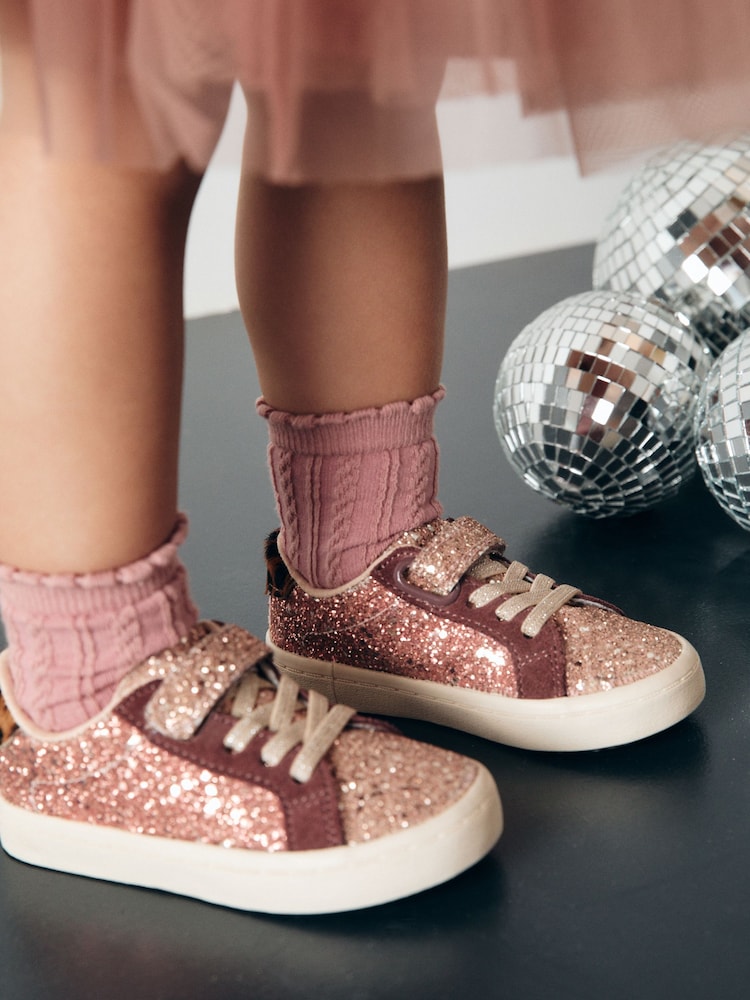 Rose Gold Glitter Standard Fit (F) Elastic Lace Trainers - Image 1 of 1