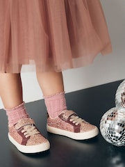 Rose Gold Glitter Standard Fit (F) Elastic Lace Trainers - Image 1 of 3