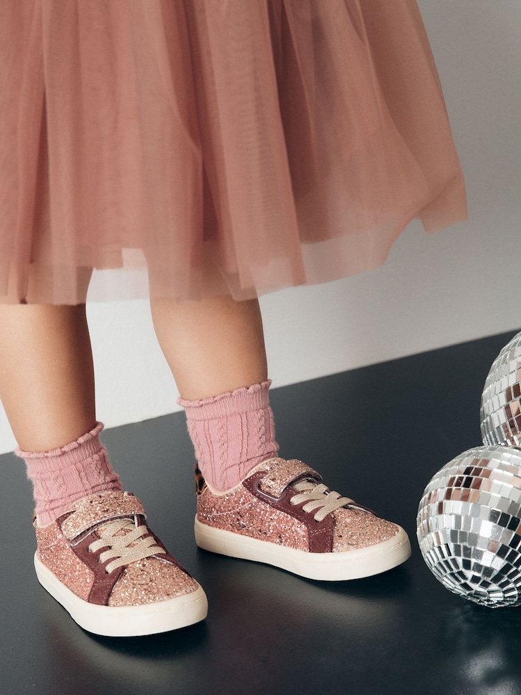 Rose Gold Glitter Standard Fit (F) Elastic Lace Trainers - Image 1 of 3