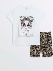 River Island Brown Girls 100% Cotton Leopard Girl T-Shirt and Cycle Short Set - Image 1 of 4