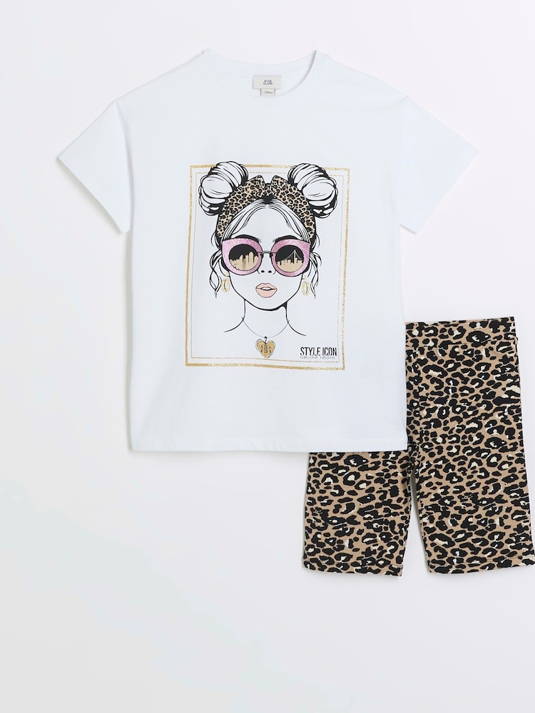 River Island Brown Girls 100% Cotton Leopard Girl T-Shirt and Cycle Short Set - Image 1 of 4 River Island Brown Girls 100% Cotton Leopard Girl T-Shirt and Cycle Short Set - Image 1 of 4
