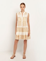 Greek Archaic Kori 100% Cotton Embroidered Sleeveless Tiered White Mini Dress - Image 1 of 3