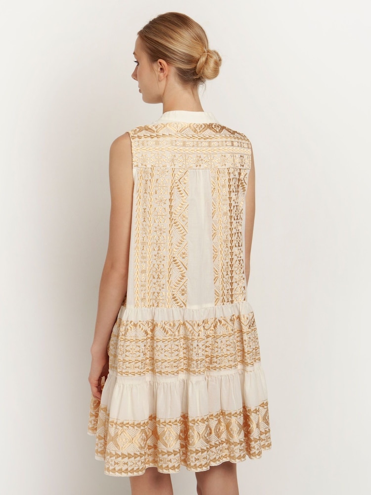 Greek Archaic Kori 100% Cotton Embroidered Sleeveless Tiered White Mini Dress - Image 2 of 3