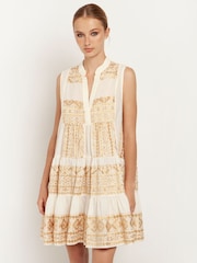 Greek Archaic Kori 100% Cotton Embroidered Sleeveless Tiered White Mini Dress - Image 3 of 3