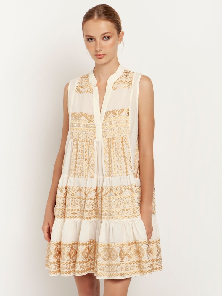 Greek Archaic Kori 100% Cotton Embroidered Sleeveless Tiered White Mini Dress - Image 3 of 3