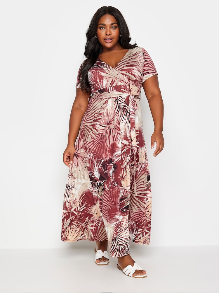 Yours Curve Red Leaf Print Wrap Maxi Dress - Image 1 of 5
