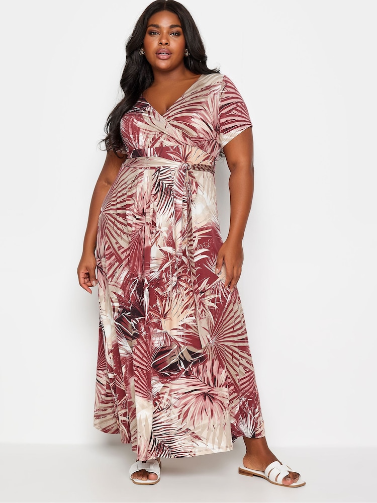 Yours Curve Red Leaf Print Wrap Maxi Dress - Image 2 of 5
