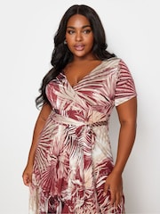 Yours Curve Red Leaf Print Wrap Maxi Dress - Image 4 of 5