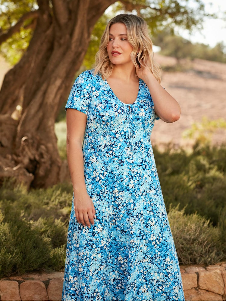 Live Unlimited Blue Floral Jersey Tie Front Midi Dress - Image 2 of 7