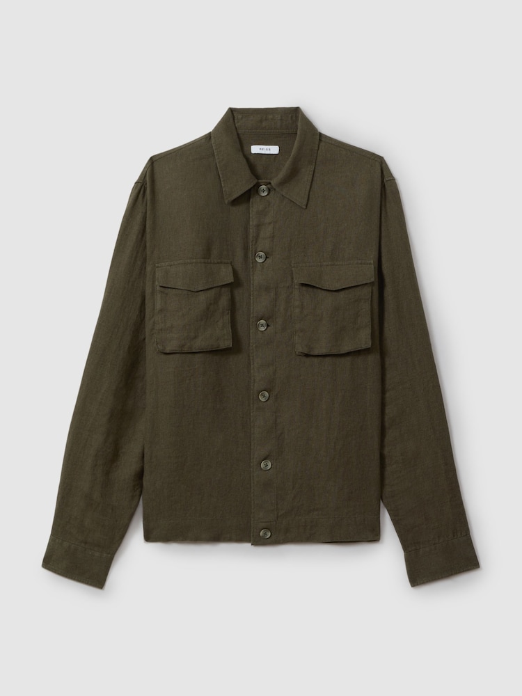 Reiss Khaki Viera 100% Linen Overshirt - Image 1 of 5