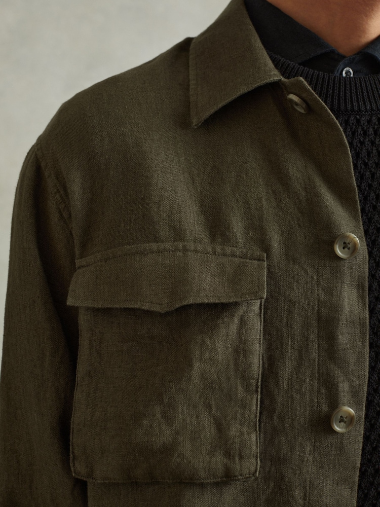 Reiss Khaki Viera 100% Linen Overshirt - Image 2 of 5