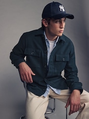 Navy Blue Twin Pocket Shacket Overshirt with Wool - Image 1 of 7