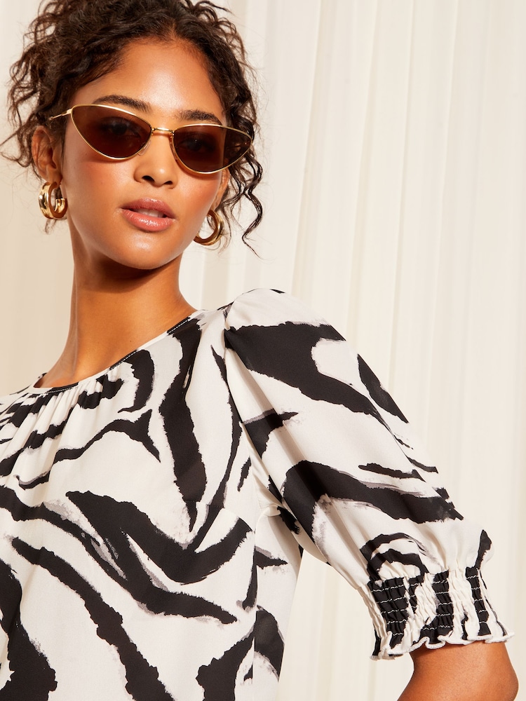 Friends Like These Monochrome Round Neck Shirred Cuff Shorts Sleeve Top - Image 2 of 4 Friends Like These Monochrome Round Neck Shirred Cuff Shorts Sleeve Top - Image 2 of 4