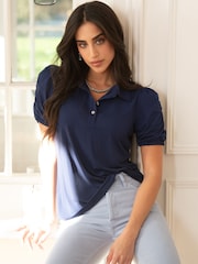 Pour Moi Blue Jodie Fuller Bust Slinky Stretch Half Button Top - Image 2 of 4