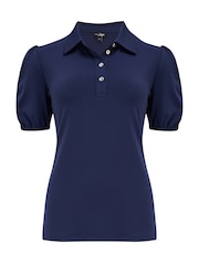 Pour Moi Blue Jodie Fuller Bust Slinky Stretch Half Button Top - Image 3 of 4