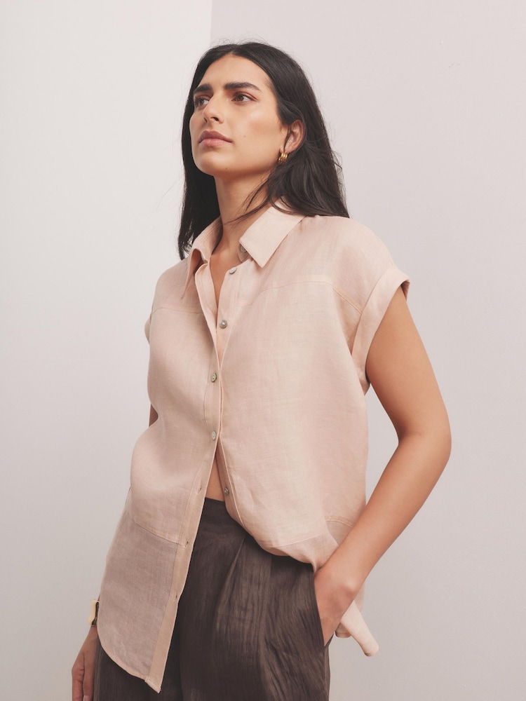 Mint Velvet Pink Linen Blend Sheer Panel Shirt - Image 1 of 7