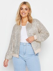 Yours Curve Silver Sequin Embellished Bomber Jacket - Image 1 of 4