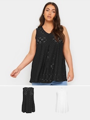 Yours Curve Black Broderie Pleated Swing Vest 2 Pack - Image 1 of 8