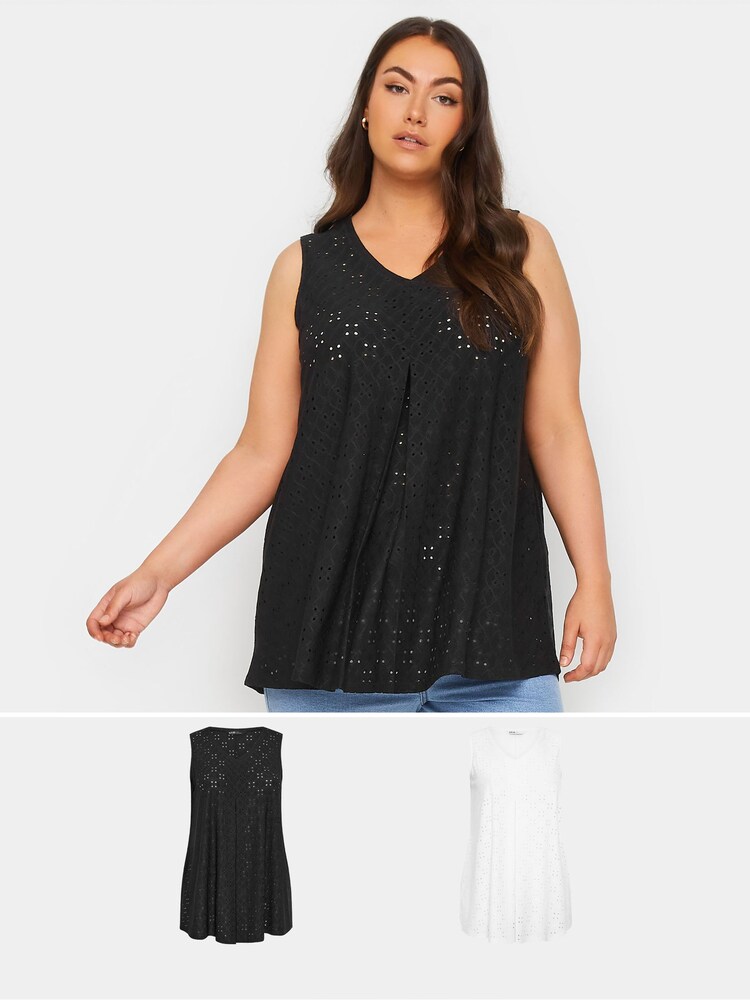 Yours Curve Black Broderie Pleated Swing Vest 2 Pack - Image 1 of 8