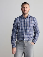 Navy Blue/Ecru White 100% Cotton Signature Brushed Flannel Check Long Sleeve Oxford Shirt - Image 1 of 7