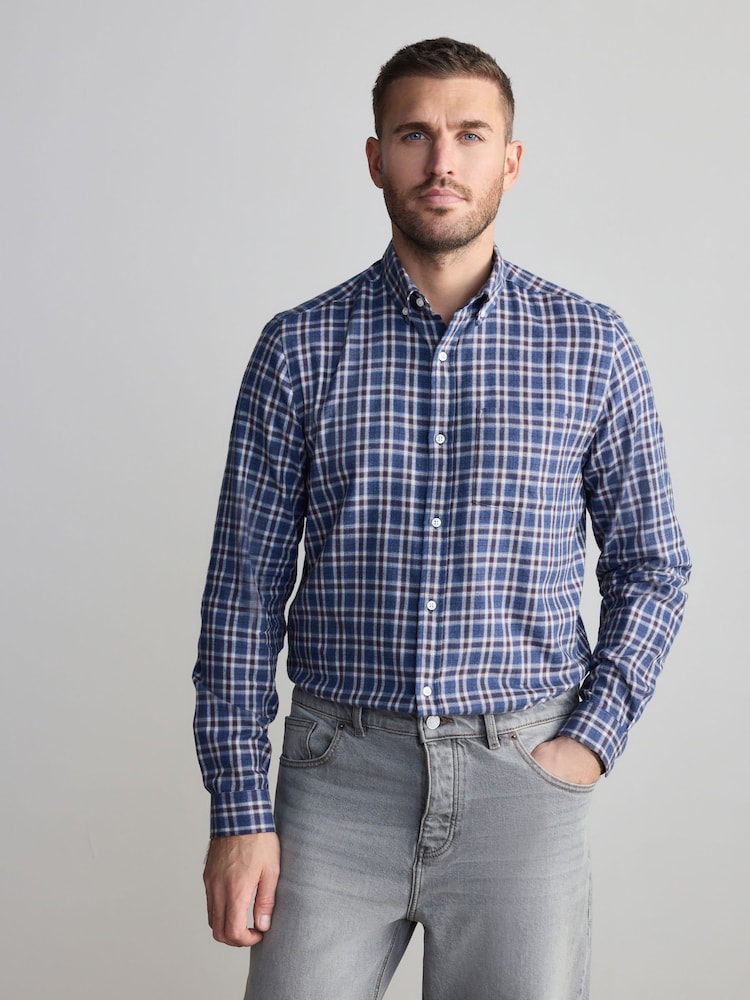 Navy Blue/Ecru White 100% Cotton Signature Brushed Flannel Check Long Sleeve Oxford Shirt - Image 1 of 7