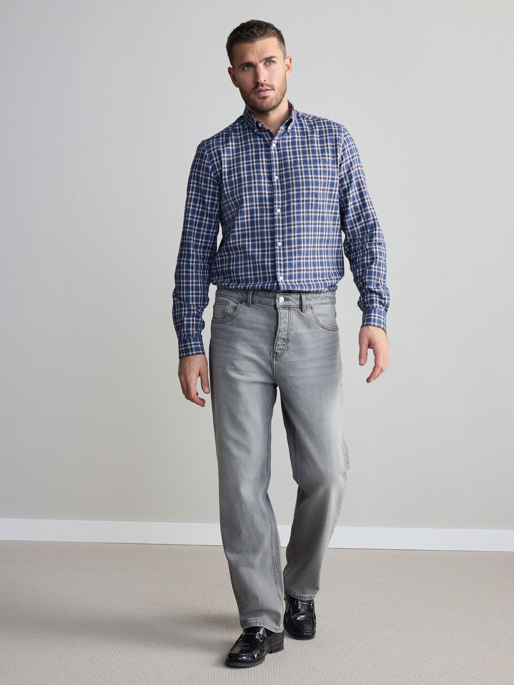 Navy Blue/Ecru White 100% Cotton Signature Brushed Flannel Check Long  Sleeve Oxford Shirt