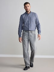 Navy Blue/Ecru White 100% Cotton Signature Brushed Flannel Check Long Sleeve Oxford Shirt - Image 2 of 7