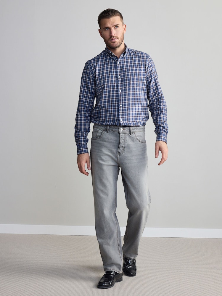Navy Blue/Ecru White 100% Cotton Signature Brushed Flannel Check Long Sleeve Oxford Shirt - Image 2 of 7