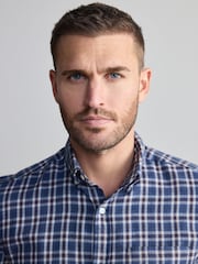 Navy Blue/Ecru White 100% Cotton Signature Brushed Flannel Check Long Sleeve Oxford Shirt - Image 4 of 7
