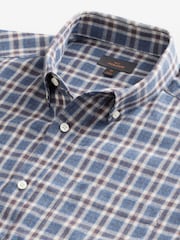 Navy Blue/Ecru White 100% Cotton Signature Brushed Flannel Check Long Sleeve Oxford Shirt - Image 6 of 7