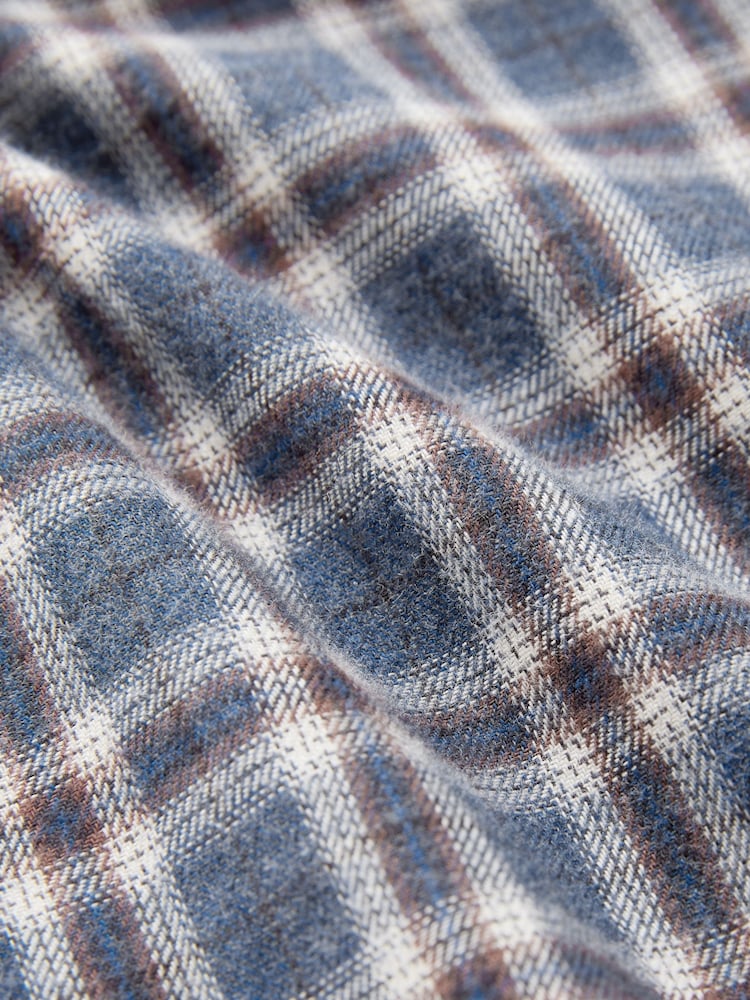 Navy Blue/Ecru White 100% Cotton Signature Brushed Flannel Check Long Sleeve Oxford Shirt - Image 7 of 7