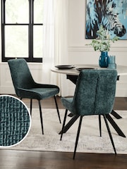 Set of 2 Textured Chenille Dark Slate Teal Hamilton Black Leg Quilted Dining Chairs - Image 1 of 10