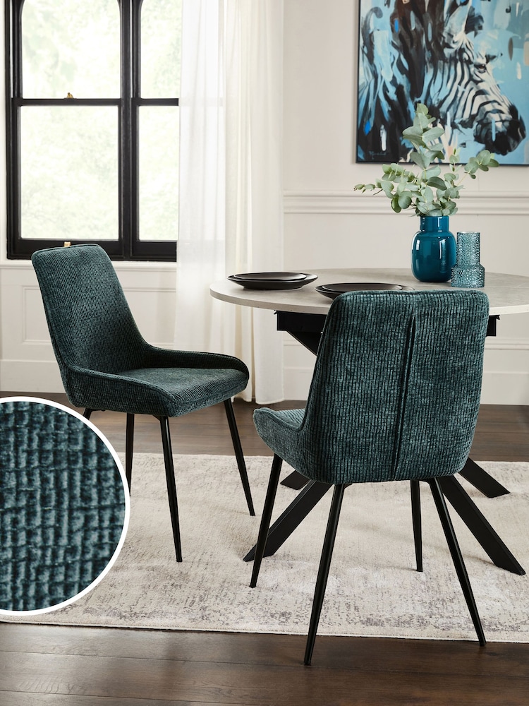 Set of 2 Textured Chenille Dark Slate Teal Hamilton Black Leg Quilted Dining Chairs - Image 1 of 10