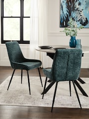 Set of 2 Textured Chenille Dark Slate Teal Hamilton Black Leg Quilted Dining Chairs - Image 2 of 10